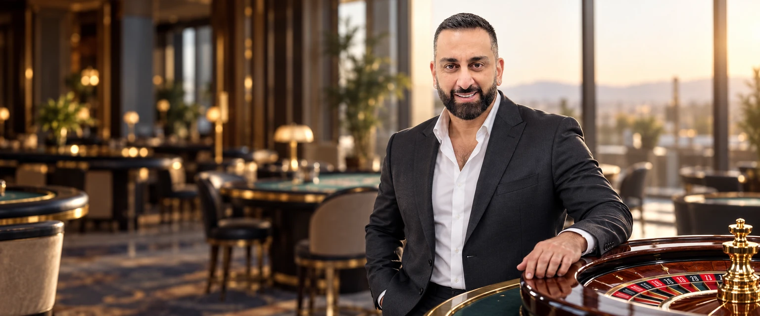 Yianni Charalambous beside a roulette table in a casino lounge